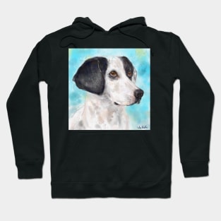 Watercolor Painting of a Black and White Dog on Light Blue Background Hoodie